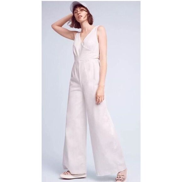 Chino By Anthropologie Jumpsuit Women’s Size 0 White Wide Leg Waist Tie - Picture 1 of 9